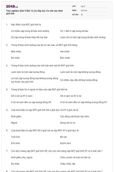 Trắc nghiệm Sinh 9 Bài 12 (có đáp án): Cơ chế xác định giới tính