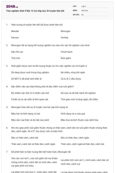 Trắc nghiệm Sinh 9 Bài 13 (có đáp án): Di truyền liên kết