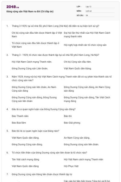 Đảng cộng sản Việt Nam ra đời (Có đáp án)