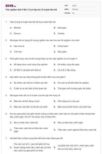 Trắc nghiệm Sinh 9 Bài 13 (có đáp án): Di truyền liên kết