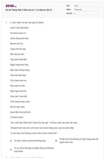 Đề thi Tiếng Việt 3 Giữa học kì 1 có đáp án (Đề 9)