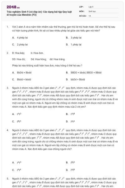 Trắc nghiệm Sinh 9 (có đáp án): Các dạng bài tập Quy luật di truyền của Menđen (P3)