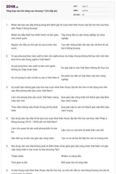 Tông hợp câu hỏi nâng cao chương 7 (Có đáp án)