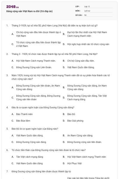 Đảng cộng sản Việt Nam ra đời (Có đáp án)