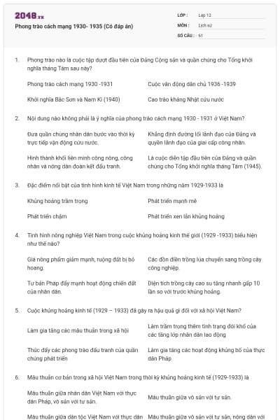 Phong trào cách mạng 1930- 1935 (Có đáp án)