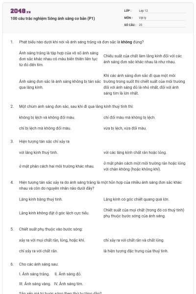 100 câu trắc nghiệm Sóng ánh sáng cơ bản (P1)