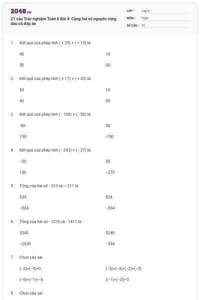 21 câu Trắc nghiệm Toán 6 Bài 4: Cộng hai số nguyên cùng dấu có đáp án