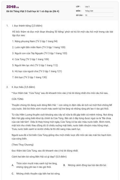 Đề thi Tiếng Việt 3 Cuối học kì 1 có đáp án (Đề 4)