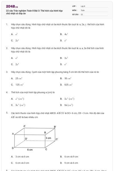 22 câu Trắc nghiệm Toán 8 Bài 3: Thể tích của hình hộp chữ nhật có đáp án