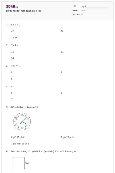 Đề thi học kì I môn Toán 3 (đề 18)