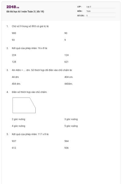 Đề thi học kì I môn Toán 3 ( đề 19)