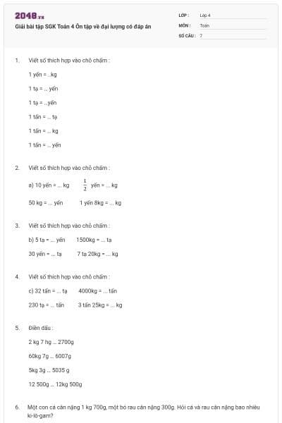 Giải bài tập SGK Toán 4 Ôn tập về đại lượng có đáp án