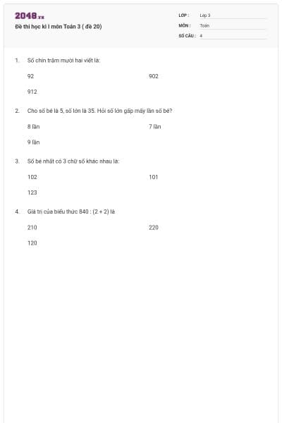 Đề thi học kì I môn Toán 3 ( đề 20)
