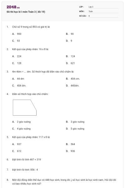 Đề thi học kì I môn Toán 3 ( đề 19)