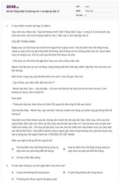 Đề thi Tiếng Việt 3 Cuối học kì 1 có đáp án (Đề 7)
