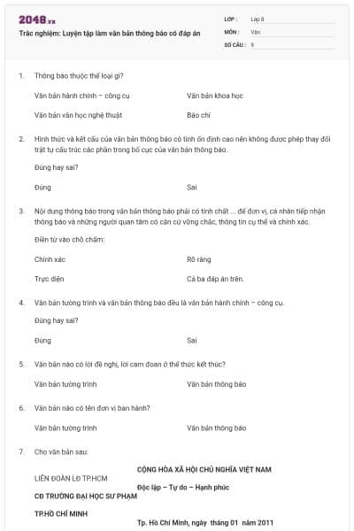 Trắc nghiệm: Luyện tập làm văn bản thông báo có đáp án