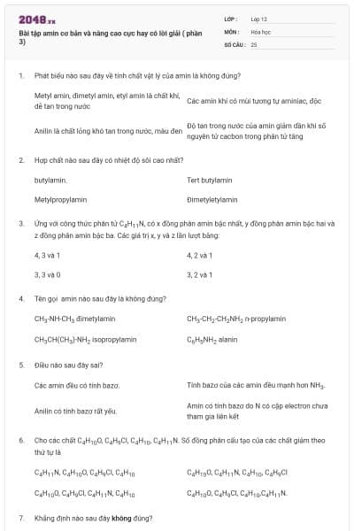 Bài tập amin cơ bản và nâng cao cực hay có lời giải ( phần 3)