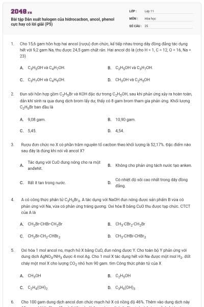 Bài tập Dẫn xuất halogen của hidrocacbon, ancol, phenol cực hay có lời giải (P5)