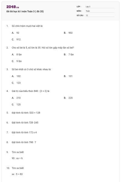 Đề thi học kì I môn Toán 3 ( đề 20)