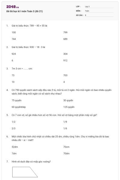 Đề thi học kì I môn Toán 3 (đề 21)