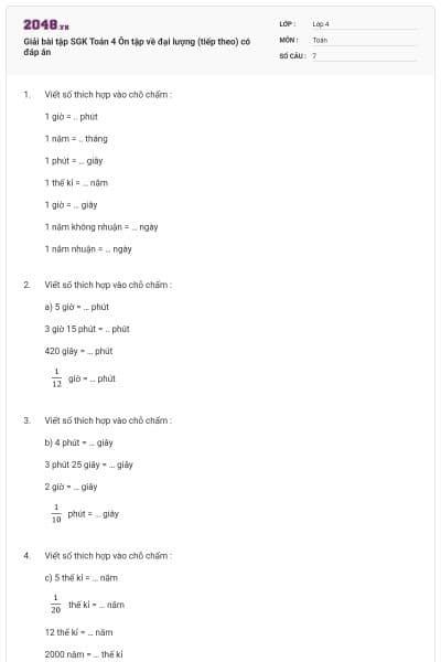 Giải bài tập SGK Toán 4 Ôn tập về đại lượng (tiếp theo) có đáp án