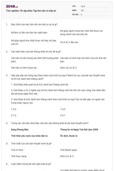 Trắc nghiệm: Ôn tập phần Tập làm văn có đáp án