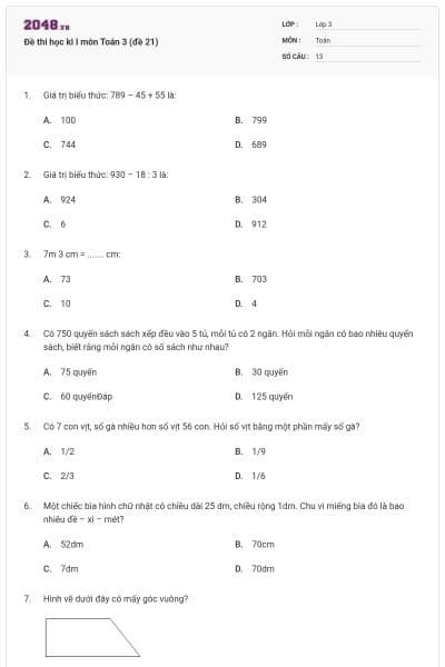Đề thi học kì I môn Toán 3 (đề 21)