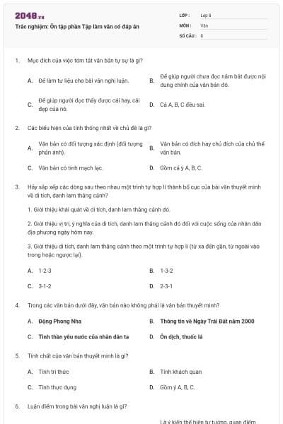 Trắc nghiệm: Ôn tập phần Tập làm văn có đáp án