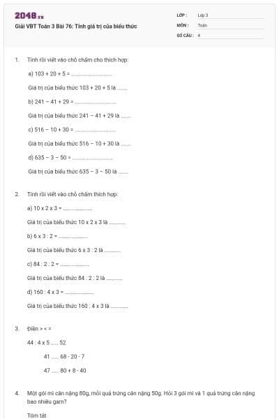 Giải VBT Toán 3 Bài 76: Tính giá trị của biểu thức