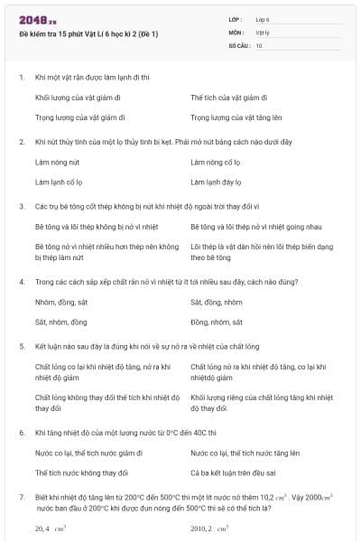 Đề kiểm tra 15 phút Vật Lí 6 học kì 2 (Đề 1)