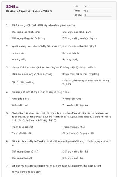 Đề kiểm tra 15 phút Vật Lí 6 học kì 2 (Đề 2)