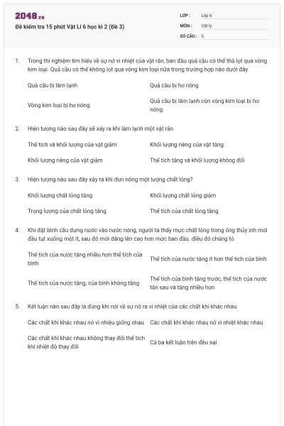 Đề kiểm tra 15 phút Vật Lí 6 học kì 2 (Đề 3)