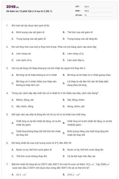 Đề kiểm tra 15 phút Vật Lí 6 học kì 2 (Đề 1)