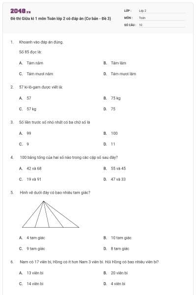 Đề thi Giữa kì 1 môn Toán lớp 2 có đáp án (Cơ bản - Đề 3)