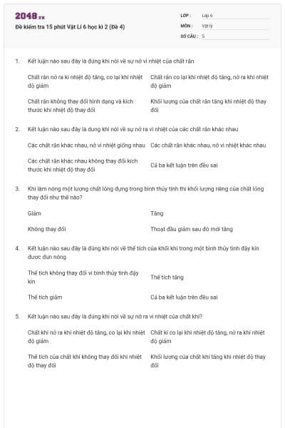 Đề kiểm tra 15 phút Vật Lí 6 học kì 2 (Đề 4)