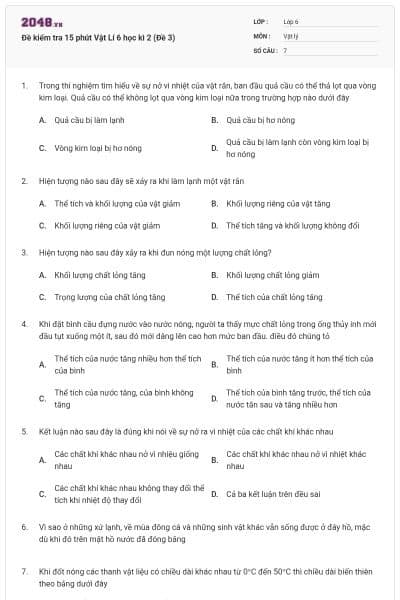 Đề kiểm tra 15 phút Vật Lí 6 học kì 2 (Đề 3)