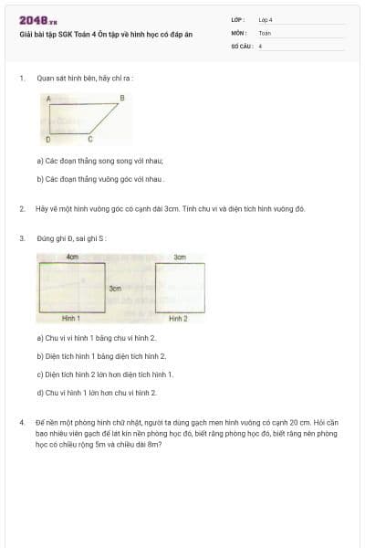 Giải bài tập SGK Toán 4 Ôn tập về hình học có đáp án