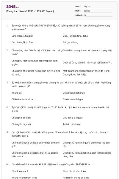 Phong trào dân chủ 1936 - 1939 (Có đáp án)