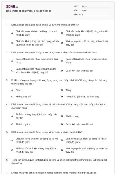 Đề kiểm tra 15 phút Vật Lí 6 học kì 2 (Đề 4)