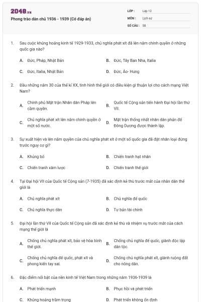 Phong trào dân chủ 1936 - 1939 (Có đáp án)