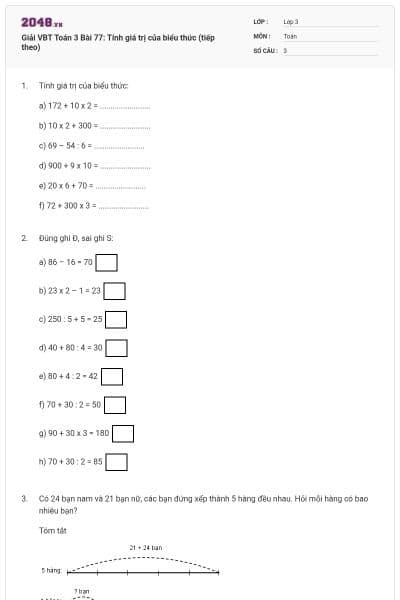 Giải VBT Toán 3 Bài 77: Tính giá trị của biểu thức (tiếp theo)