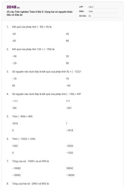25 câu Trắc nghiệm Toán 6 Bài 5: Cộng hai số nguyên khác dấu có đáp án