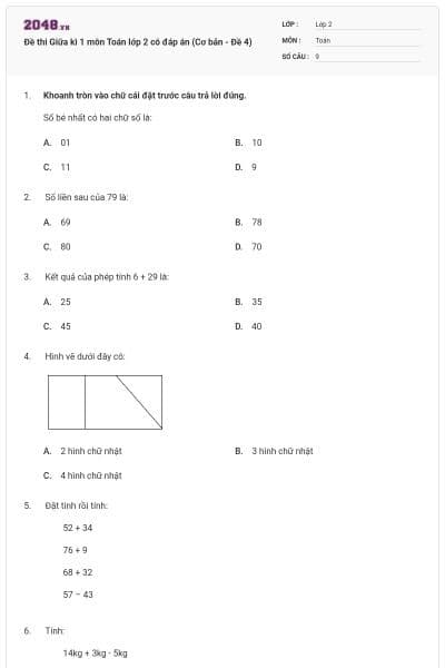 Đề thi Giữa kì 1 môn Toán lớp 2 có đáp án (Cơ bản - Đề 4)