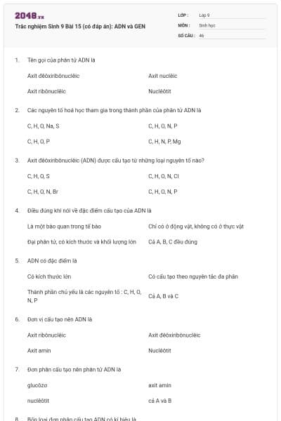 Trắc nghiệm Sinh 9 Bài 15 (có đáp án): ADN và GEN