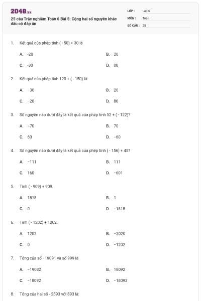 25 câu Trắc nghiệm Toán 6 Bài 5: Cộng hai số nguyên khác dấu có đáp án