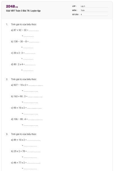 Giải VBT Toán 3 Bài 78: Luyện tập