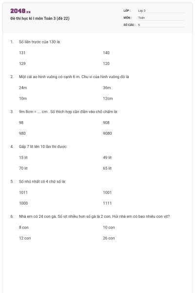 Đề thi học kì I môn Toán 3 (đề 22)