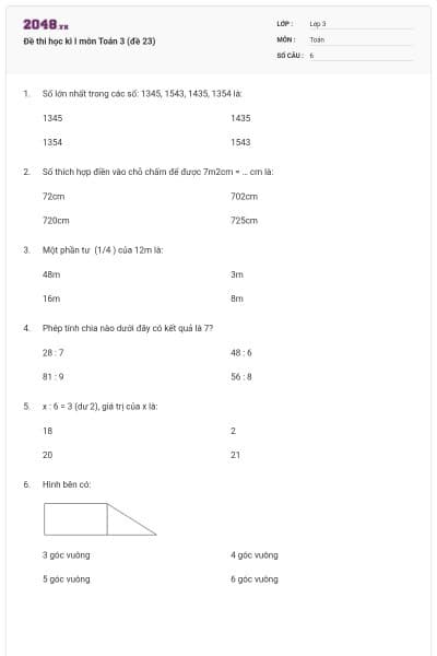 Đề thi học kì I môn Toán 3 (đề 23)