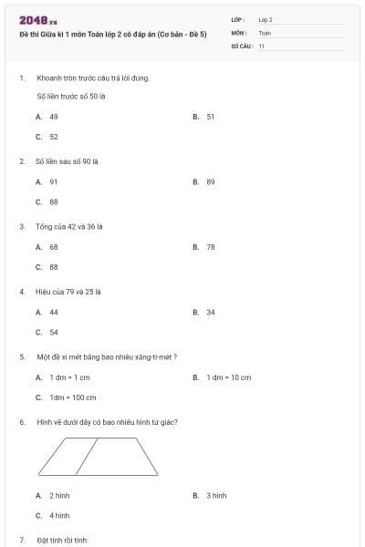 Đề thi Giữa kì 1 môn Toán lớp 2 có đáp án (Cơ bản - Đề 5)