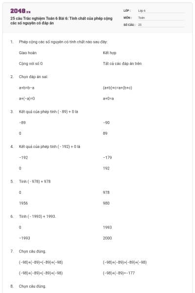 25 câu Trắc nghiệm Toán 6 Bài 6: Tính chất của phép cộng các số nguyên có đáp án